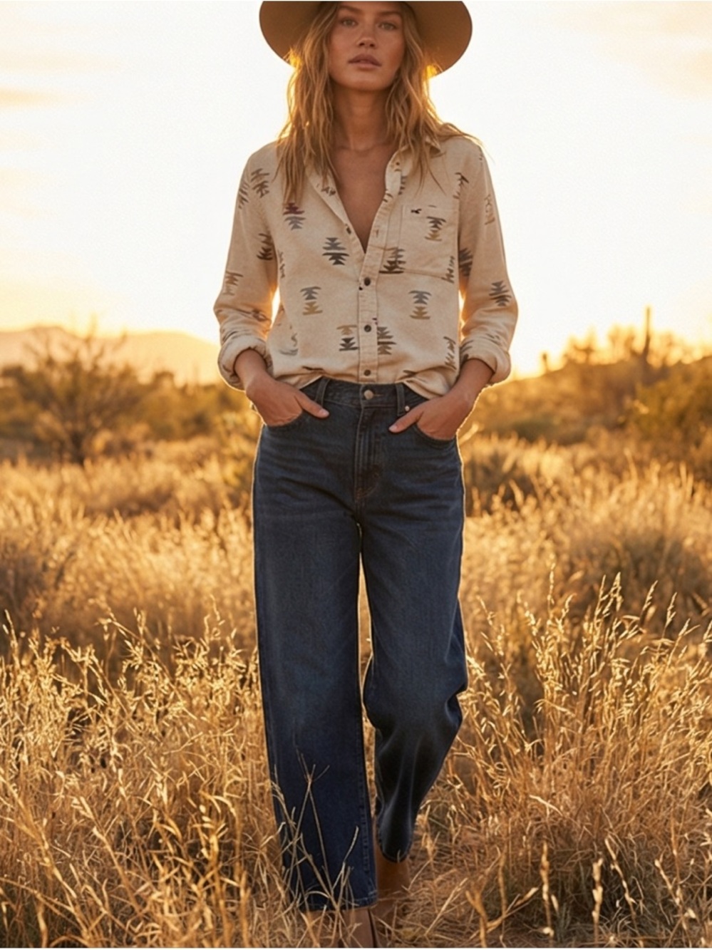 Hollister Cream Southwestern Print Button-Down Shirt